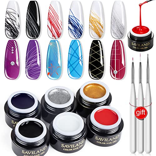 Saviland 6 Colors Spider Gel Set, New Upgraded Matrices Spider Gel with Nail Art Brushes Liner Gel Polish Easier to Stretch Nail Art Paint for Line Drawing(White Black Red Blue Gold Silver) | White Black Red Blue Gold Silver Spider Gel for Nails,Nail Designs Paint Gel Liner Nail Polish