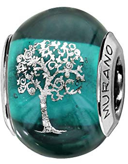 Thabora charms coulissant argent rhodié (Argent 925‰ + protection Rhodium) Murano vert symbole Arbre de Vie + suédine (offerte) + Certificat d'Authenticité Argent 925‰