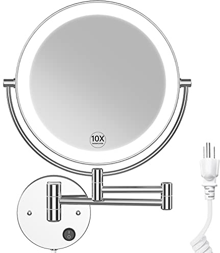 Benbilry 9 Large Size Wall Mounted Lighted Makeup Vanity Mirror, 1X/10X Magnifying Double-Sided AC Powered Bathroom Mirror, 360° Swivel 13 Inch Extendable