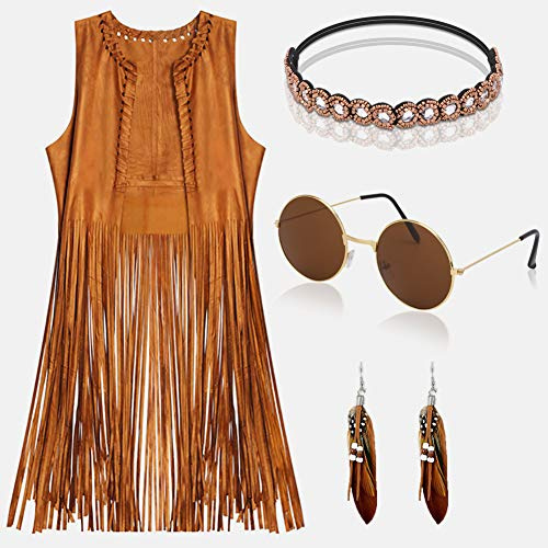 YADODO Hippie Kostüm Damen Set Fransen ärmellos Weste Hippie Kleidung 60er 70er Jahre Bekleidung Damen Mädchen Disco Outfit Cowgirl Kostüm Braun Weste Bolero Karneval Faschingskostüme Frauen (XXL)