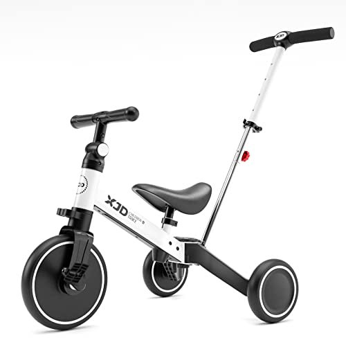 XJD 4 in 1 Laufrad Dreirad, Kinder Dreirad ab 1 Jahr mit Schubstange, Laufräder Lauffahrrad mit verstellbarem Sitz und Lenker,Baby Fahrrad von 1-3 Jahren Jungen Mädchen (Weiß)