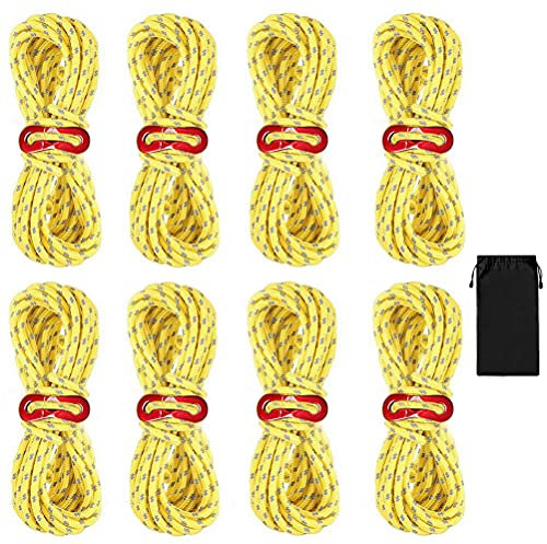 8 Stück Abspannseile Camping, 4MM x 4M Zeltschnur Reflektierend Spannschnur mit Aluminium Seilspanner Spannseile Leuchtend Sturmband für Zelt Camping Wandern (Gelb)