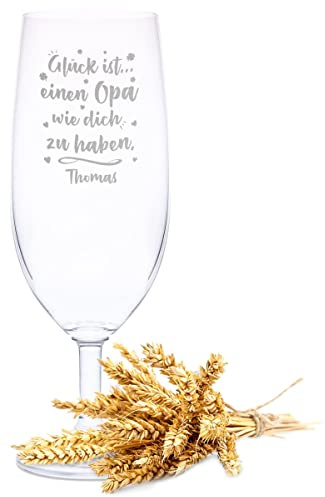 GRAVURZEILE Leonardo Bierglas mit Gravur - Glück ist einen Opa mit Name - Geschenk für Opa - Ideal als Vatertagsgeschenk - 360ml - Biertulpe Pilsglas Weizenglas - Geburtstagsgeschenk für Männer