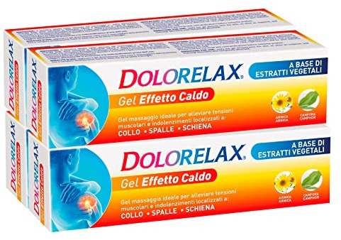 Dolorelax Gel Muscolare Effetto Caldo Riscaldante Termico Massaggio per Dolori Muscolari e Articolari Schiena Spalle Collo a Base di Estratti Vegetali con Arnica e Canfora - 4 Flaconi da 75ml