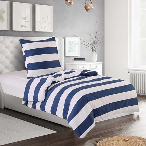 HENGWEI Juego de ropa de cama de invierno de 140x200 cm, 2 piezas, juego de ropa de cama individual, funda nórdica con funda de almohada de 70x90 cm, rayas azules y blancas