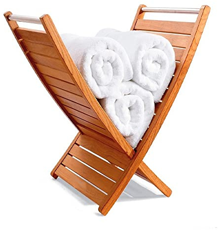 TeakStation Grade A Teak Wood Indoor/Outdoor Magazine Rack/Bath Shower Spa Teak Towel Holder Small #34TWS