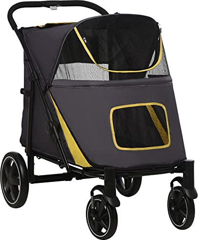 PawHut Dog Stroller, Foldable Pet Pram Dog Pushchair Buggy with Adjustable Canopy for Medium and Large Breeds, Dark Grey