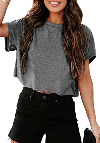 Tankaneo Women Short Sleeve Cropped T-Shirts Crew Neck Loose Crop Tops Summer Casual Drop Shoulder Basic Tees