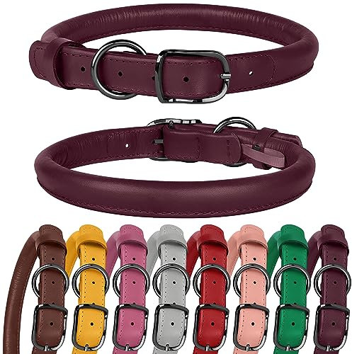 BUDKAS Rolled Leather Dog Collar for Small Medium Large Dogs Puppy Durable Adjustable Soft Round Rope Pet Collars (14-18 Neck Fit, Marsala)