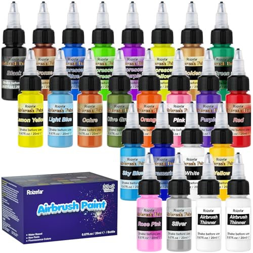 Roizefar Airbrush Farben Set - 22 Acrylfarben + 2 Verdünner Kombinat für DIY, Aquarell, Ölmalerei - Schnelltrocknend, Undurchsichtig, Neon - 20 ml/Dose