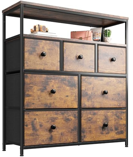 EnHomee Chest of Drawers,7 Drawer Chest of Drawers, Tall Chest of Drawers Bedroom with Sturdy Steel Frame and 2 Layer Wooden Top for Wardrobe, Living Room, Closet,Rustic Brown