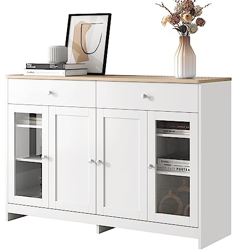 KecDuey Sideboard mit weißer Holzmaserung, Vier Türen, mit Zwei Schubladen, Tür mit Glas. Wohnzimmer, Esszimmer. Holzfarbe und Weiß (Weiß, 120 x 37 x 80cm)