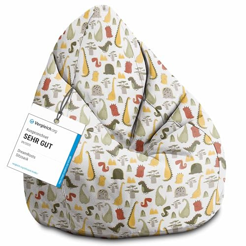 DreamRoots Sitzsack Kinder 80x80x120, Cartoon Style Dinosaur | Bean Bag Kinder mit Lehne, Hocker & Bezug, Sitzkissen Boden, Bubibag, mit Füllung, Kinderzimmer