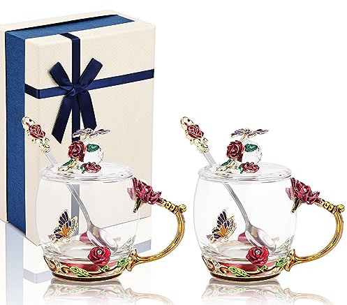 GeeWaa Lot de 2 tasses à café en verre émaillé avec cuillères et couvercles, avec coffret cadeau pour femme, maman, grand-mère, petite amie, sœur, Noël, anniversaire (rouge)
