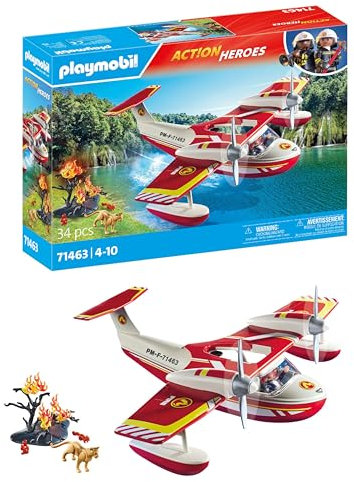 Playmobil 71463 Hydravion avec Pompier - Action Heroes - avec Un Personnage, des Animaux, Un Avion Anti-Incendie avec Fonction d'extinction et Une fôret en feu - Ville & Métiers - Dès 4 Ans