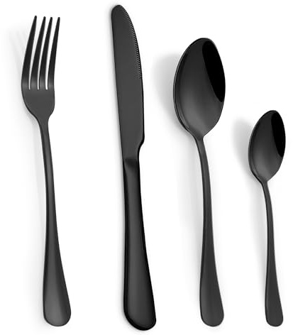 Cutlery Set, 16-Piece Black Silverware Set for 4, Classic Stainless Steel Mirror Knives and Forks Set Luxury Tableware Set for Home Kitchen, Dishwasher Safe