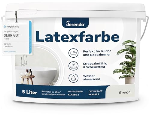derendo Latexfarbe Grau Greige abwaschbar hohe Deckkraft Innenfarbe matt 5l | Abwischbar Küche, Bad, Flur, Treppenhaus Kinderzimmer, strapazierfähig, flecken entfernen leicht zu reinigen hohe deckkraft