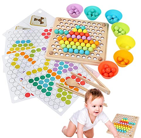 Paodduk Wooden Board Bead Game,Wood Peg Peg Board Rainbow Bead Board Game | Preschool Learning Educational Toys, Bead Board Game For Home, Traveling, School