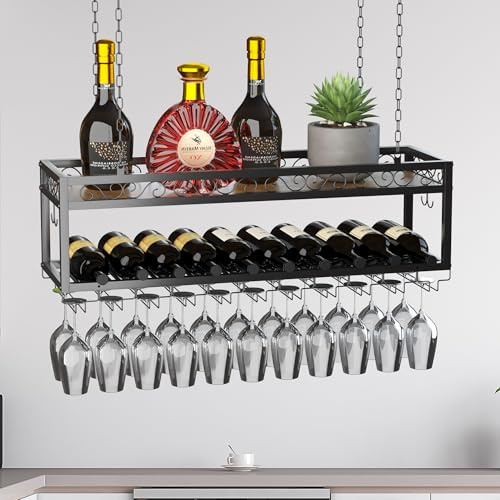bimiti Ceiling Wine Rack Double-Layer Wine Rack Wall Mounted Wine Rack | Hanging Wine Bottle Rack with Glass Holder & Shelf Height Adjustable Black Metal Ceiling Shelf for Bar Cafe Home Kitchen