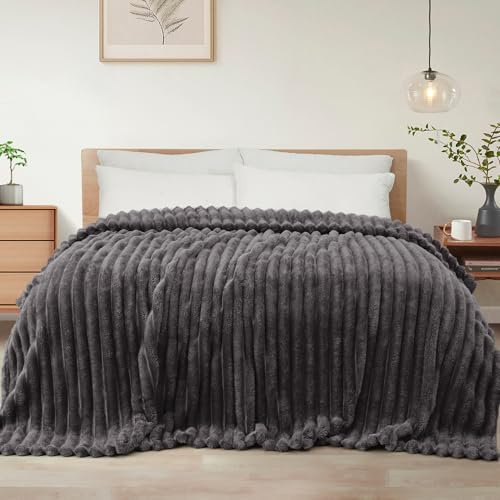 Exclusivo Mezcla Coperta Plaid Pile di Flanella per Divano, 150x200 CM Coperta Letto Singolo Matrimoniale con Righe Jacquard, Accogliente e Leggero, Grigio scuro