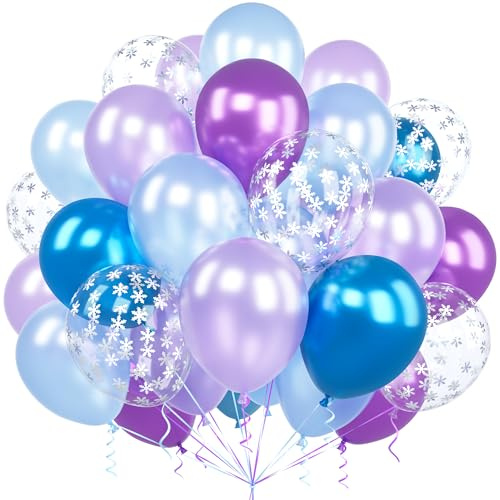 Luftballons Blau Lila, Ousuga 60 Stück 12 Zoll Frozen Metallic Lila Blau Silber Schneeflocken Konfetti Latex Ballon für Mädchen Geburtstag Hochzeit Babyparty Jahrestag Eis Schnee Party Dekoration