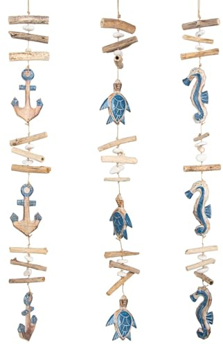 Logbuch-Verlag Maritime Deko zum Aufhängen in blau Natur 3 Girlanden mit Schildkröten Anker und Seepferdchen ca. 100 cm aus Treibholz