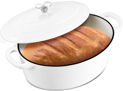7 Quart Oval Dutch Oven with Lid, Leonyo 7QT Enameled Oval Cast Iron Dutch Oven for Sourdough Bread Breaking, Heavy Duty Cookware for Braising, Stews, Roasting, White