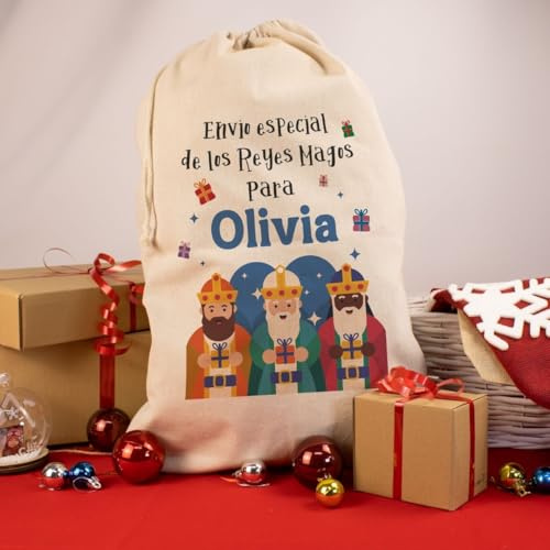 DEREGALOOS Saco Personalizado con Nombre. Bolsa con Diseño de Papá Noel o Reyes Magos. Cierre con Cordón Ajustable. Ideal como Adorno Infantil. Estilo Navideño para Sorprender (Reyes Magos Regalos)