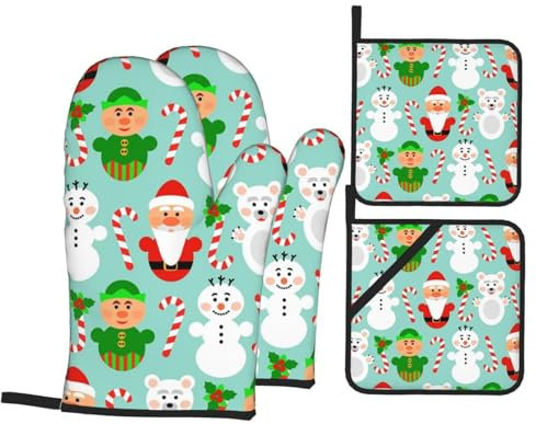 Ofenhandschuhe und Topflappen-Set, niedlicher Weihnachtsbär, Elfe, hitzebeständig, Küchen-Backhandschuhe, rutschfeste Oberfläche zum Kochen, Backen, Grillen, Grillen