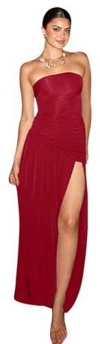 AOWVUTS Women Evening Party Dress Sexy Ladies Elegant High Slit Maxi Dresses Bandeau Strapless Long Dresses Solid Tube Dress Sleeveless Ruched Bodycon Gowns Dresses for Cocktail Club Wedding Prom Red