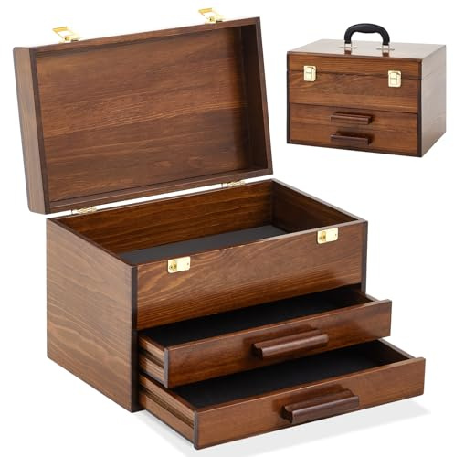 Weysat Mini-Werkzeugkiste aus Holz mit 2 Schubladen und oberer Aufbewahrung, tragbarer kleiner Werkzeugkasten mit PVC-Auskleidung, Mini-Werkzeug-Aufbewahrungsbox, Organizer, Make-up-Box mit