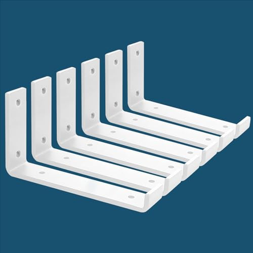 MLOQI Lot de 6 Equerre Etagere Murale avec Lèvres, Supports Pour étagères Lourdes Industrielles, Equerre Charge Lourde, Supports en L, 5 mm d'épaisseur avec Vis (Blanc 20x10 cm)
