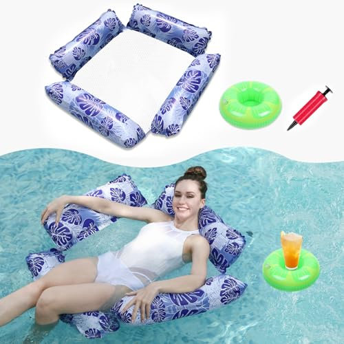 Chaise Flottante Gonflable 4 en 1 pour Piscine, Matelas Pneumatique Motif Feuille et Hamac Aquatique pour Adultes 100kg avec Porte-gobelet et Pompe (1 Bleu)
