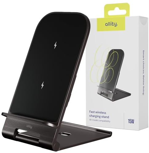 Allity 15W Qi Wireless Charger mit Standfunktion – Faltbare Schnelllade-Ladestation USB-C für iPhone, Android – Induktives Ladegerät mit Handyhalterung, Aluminium, Grau