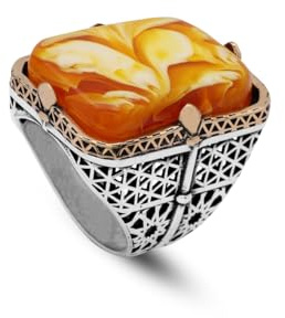 Vintage stor klämmande bärnstensring för män - 925 sterling silver turkisk handgjord polerad förlovningsring med silverputsduk present