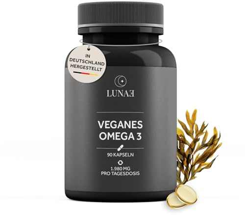 Lunae Nutrition Veganes Omega 3-1980mg pro Tagesdosis - 100% aus Algenöl mit DHA & EPA - natürliches Konzentrat ohne künstliche Zusätze - laborgeprüft & in Deutschland hergestellt - 90 Kapseln