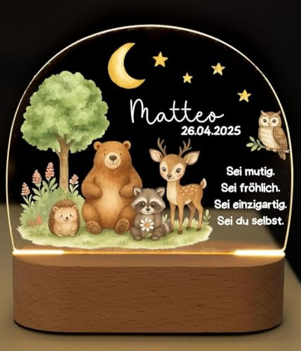 Bärenfreunde personalisiertes Nachtlicht für Babys, Nachttischlampe für Kinderzimmer, Babyzimmer, Nachttisch optional mit Akku und Fernbedienung als Geschenk für Kinder (Spruch Waldtiere Mond)