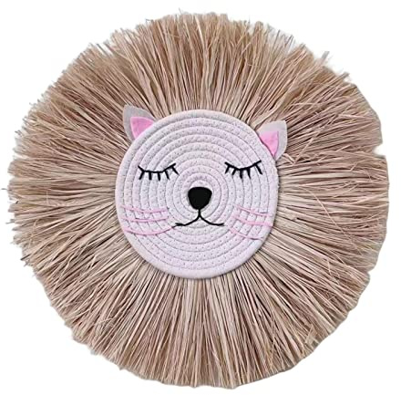 Qianly Tejido Hecho a Mano Decoración de Pared León Hilo de algodón Paja Colgando Artesanía Animal Dibujos Animados Tapiz Redondo Adorno para Dormitorio, Estilo b