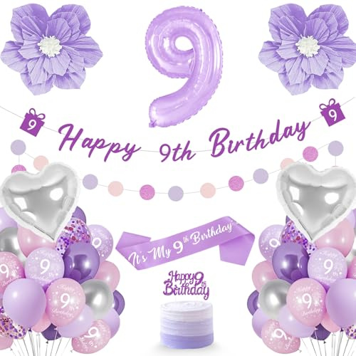Deko 9 Geburtstag Mädchen, Lila Geburtstagsdeko 9 Jahre Mädchen | Kuchen Topper, Bänder, Sash, Violette Blumen, Luftballon 9. Geburtstagdeko