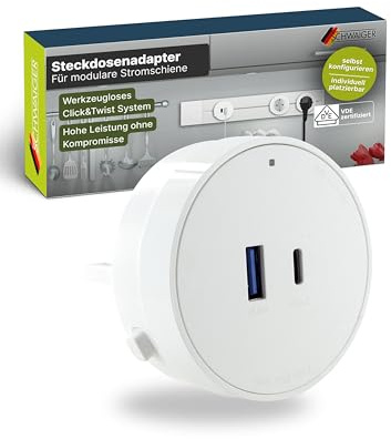 SCHWAIGER Steckdosenadapter für modulare Stromschiene Haushaltsstecker USB Ladeadapter Click & Twist System 680W/20W VDE Zertifiziert Ø 62 mm werkzeuglose Montage Weiß