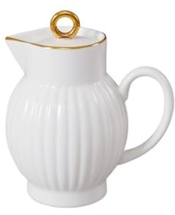 FZL02068LM Gravy Jug Tall Gold Rimmed Milk Pitcher with Pointed Spout and Lid Ceramic Sauce Pot Gravy Boat Sauce Boat