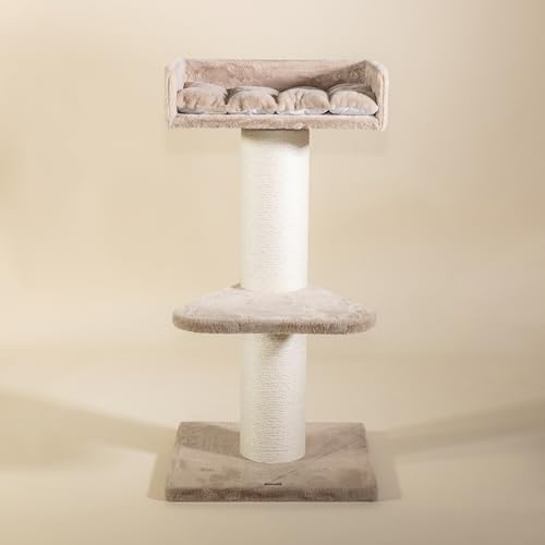 RHRQuality Kratzbaum für große Katzen – Maine Coon Lounge – 120 cm hoch – mit extra dicken 20 cm Sisalstämmen – Cappuccino