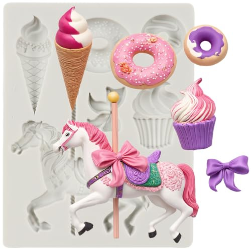 Sijiangmold Carousel Horse Silicone Fondant Mould Merry-Go-Round Ice Cream Doughnut Chocolate Moulds for Amusement Park Cake Decoration Cupcake Topper Candy Polymer Clay Gum Paste