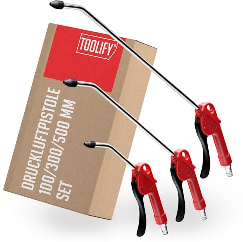 TOOLIFY Druckluftpistolen-Set 3-teilig, 100, 300 & 500 mm Edelstahlrohre | Ausblaspistolen mit bruchfestem POM-Gehäuse, abgewinkelter Spitze für schwer erreichbare Stellen, Euro-Nippel, hohe Luftmenge