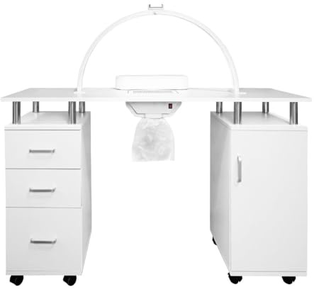 Table de Manucure Professionnelle & Lampe LED Demi-Lune, Aspirateur à Poussière, Coussin Repose-Mains Amovible, Tiroirs, 3 Modes d'Éclairage, Bureau Onglerie Institut Beauté [Support Téléphone INCLUS]