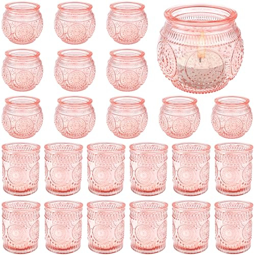 24 Stück Glas-Teelichthalter, Vintage Votivkerzenhalter für Tischdekoration, Zuhause, Bridal Shower, Geburtstag, Party Tischdeko (Rosa)