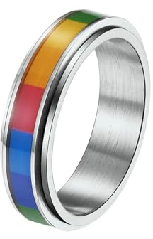Whoiy Bröllopsring i rostfritt stål med gravyr, 6 mm breda herrringar anti-ångest spinnare regnbåge förlovningsringar vigselringar silver guld/svart personlig herrbandring storlek 52–67, 62 (19.7