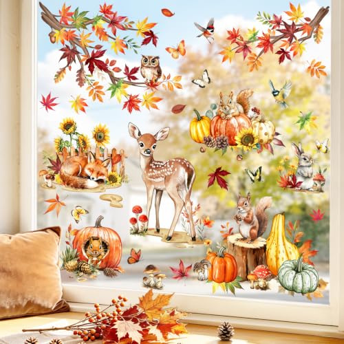 Supzone Fensterbilder Selbstklebend Herbst Waldtiere Fensteraufkleber | Ahornblätter Baum Kürbis Fuchs Eichhörnchen Hirsch Fenstersticker Anti-Kollision Fensterdeko