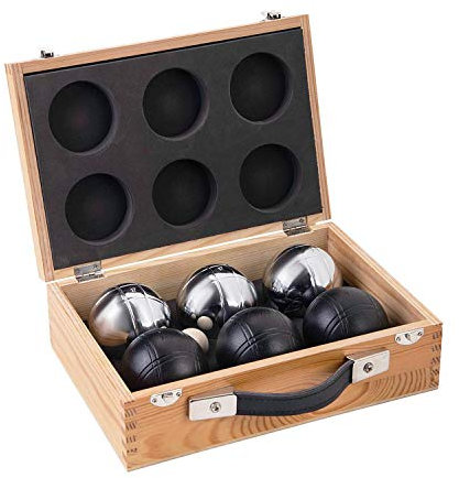 Engelhart - 010208 - Luxus-Holz-Pétanque-Koffer - Naturholz - 74 mm - 6 Boules (3 graue, 3 Schwarze), Holz-Cochonnet, Maßband - 2 Spieler - Ab 6 Jahren - Komplettes Pétanque-Spiel