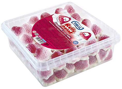 Vidal Golosinas Rellenolas. Fresones con nata. Golosina de goma con doble textura y sabor fresa nata. Color rosa. Bandeja 65 Unidades